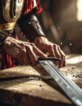 Close-up of a Roman soldier sharpening his gladius sword with a whetstone, preparing for battle.