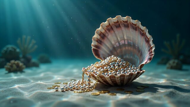 Scallop shell filled with pearl necklaces and scattered beads on sandy beach
