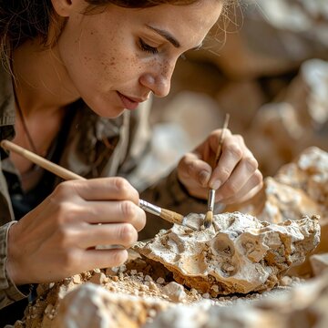 Archaeologist carefully excavating ancient fossil with brushes and tools.