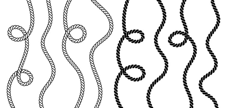 Wave rope borders with loops. Nautical cord patterns for maritime design. Twisted sailor elements creating decorative seamless textures.