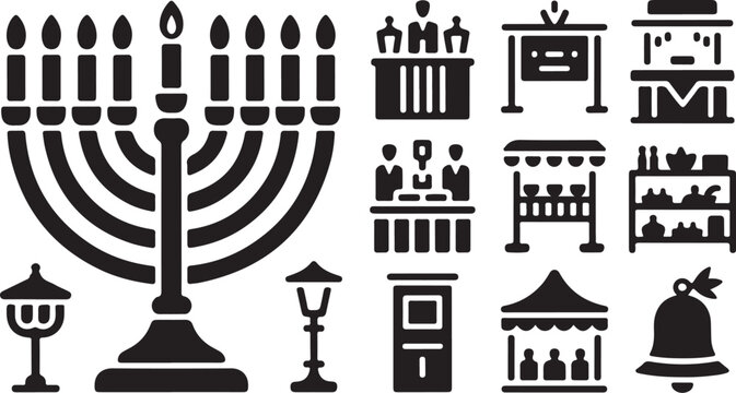 Hanukkah icons, Jewish symbols, menorah, festival illustrations, black vector set