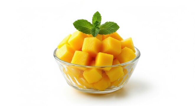 Freshly cut mango cubes in a glass bowl topped with mint isolated on white background