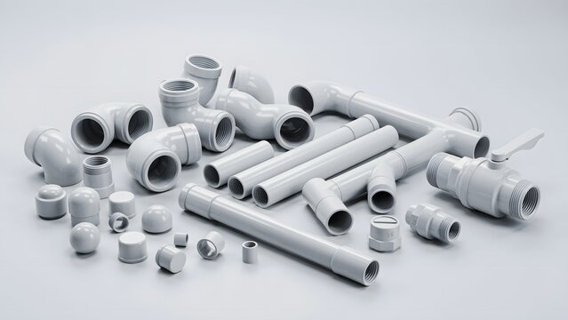 Assorted white plastic plumbing pipes and fittings on a light gray background