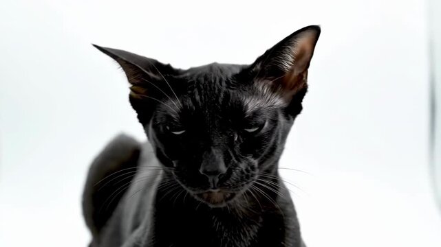 Black cat explores bright space, shows different expressions in four frames