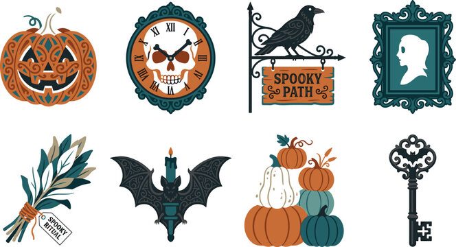 Vintage Halloween spooky ornaments gothic decorative elements and dark magic flat color icon set in image_15db59.png