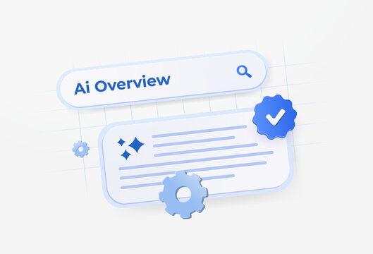 AI Overview search results with generated answers and verified content summary. Analyze AI search visibility, monitor sge generative search presence and optimize discoverability vector illustration.