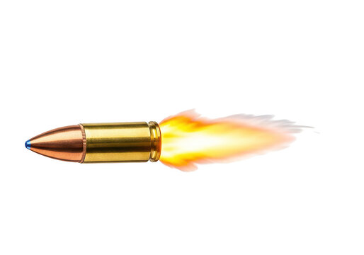 A single brass metal bullet flying through the air with a bright orange fire flame trail isolated on transparent background