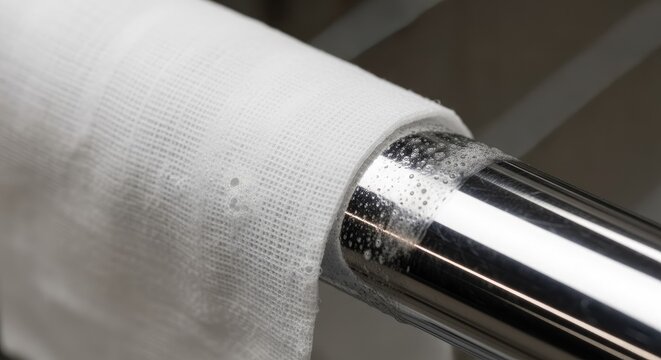 Gauze material is being wrapped around a wet, reflective metal tube or bar.