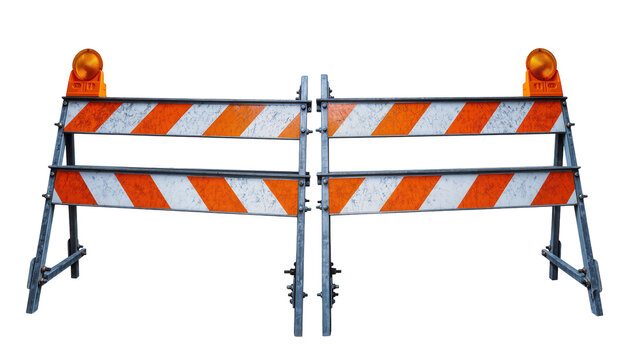 Orange and white striped construction barrier with flashing lights, isolated on transparent background