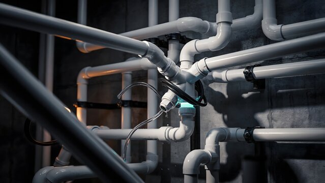 Complex Network of White Plumbing Pipes in Industrial Setting with Valves and Supports