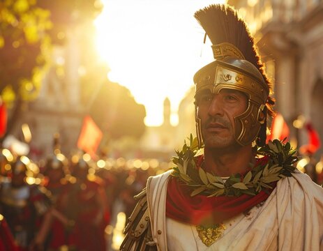 Roman Soldier in Parade with Laurel Wreath and Helmet.