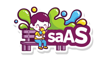 Fototapeta premium Cartoon Boy Eating Ice Cream on a Bench with SaaS Typography