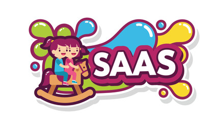 Fototapeta premium Children on a rocking horse with SAAS text and colorful splashes