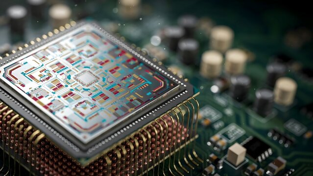 Close-up of a high-tech microprocessor chip on printed circuit board with electronic components