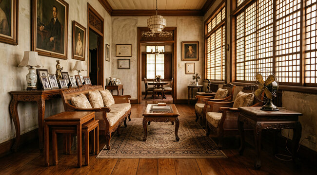 Elegant heritage living room with carved wooden furniture, vintage fans, framed portraits, and traditional capiz windows