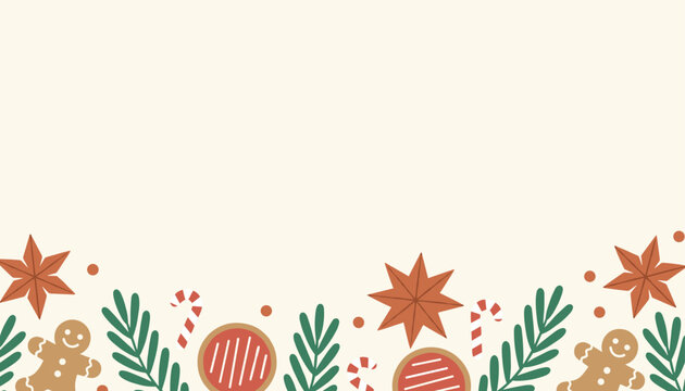 Festive cozy christmas border showing gingerbread men, star cookies, and candy canes on a warm cream background.