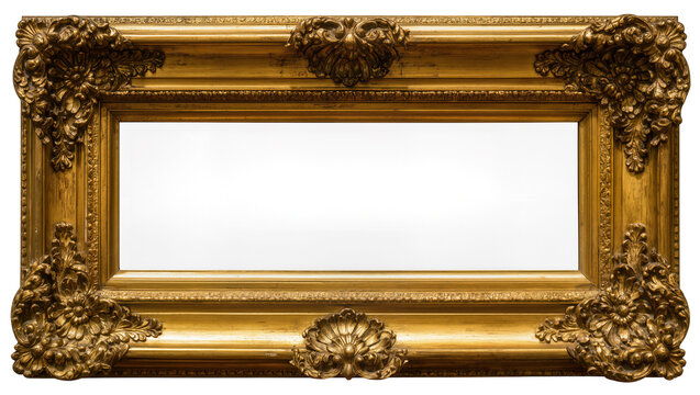 Ornate antique gold picture frame with rococo carvings, isolated on transparent background