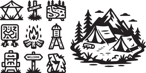 Obraz premium Camping icons, outdoor adventure symbols, vector illustrations, black and white