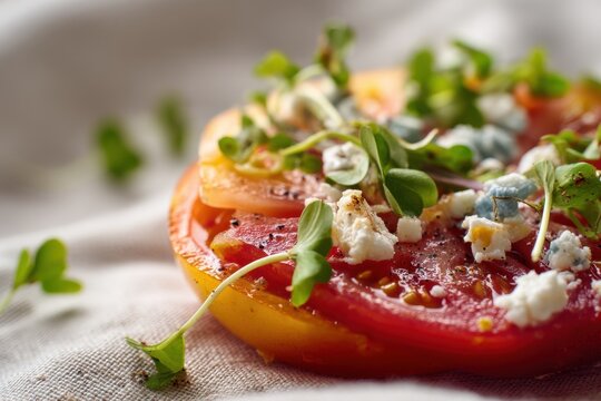 Slice of heirloom tomato with blue cheese and microgreens. Gourmet vegetarian appetizer or healthy snack. Fresh raw vegetable salad ingredient in rustic kitchen food photography.