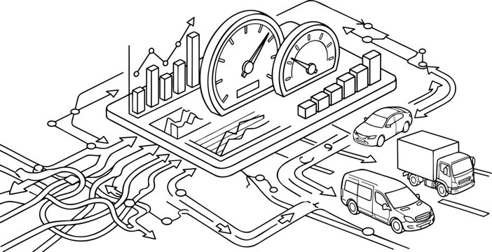 Isometric fleet management dashboard analytics and logistics tracking line art vector