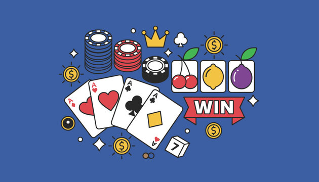 Casino vector design featuring winning slot symbols, stacks of chips, and four ace poker playing cards on a blue background.