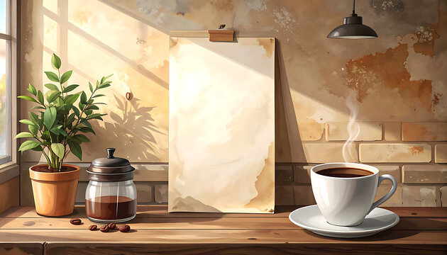 Blank vintage paper mockup on rustic wooden table with hot coffee and plant, cozy cafe interior lighting, paper texture
