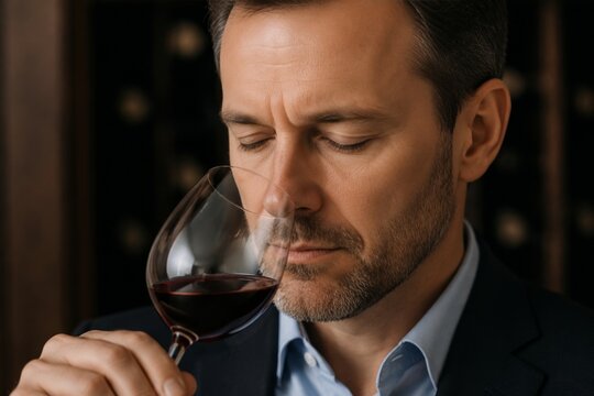 Man sommelier smelling aroma of red wine in glass. Professional expert evaluating quality and taste of vintage drink. Winemaking and oenology concept in luxury restaurant cellar.