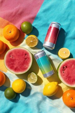 Cool beverage can with juice and fresh organic fruit on colorful textile surface. Summer refreshment and picnic background. Healthy lifestyle concept with tropical citrus and melon product.