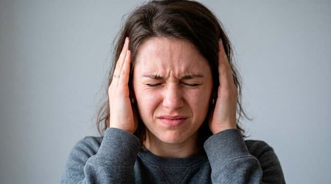 Woman grimacing with hands covering ears against a plain gray background