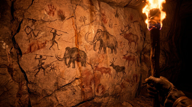 Ancient cave paintings depict prehistoric life with mammoths and hunters illuminated by torchlight