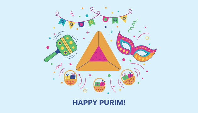 Festive happy purim celebration card with traditional hamantaschen cookie masquerade mask and gift baskets.