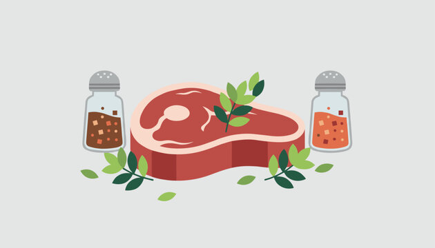 Raw beef steak meat seasoned with fresh rosemary leaves next to salt and pepper shakers on grey background.