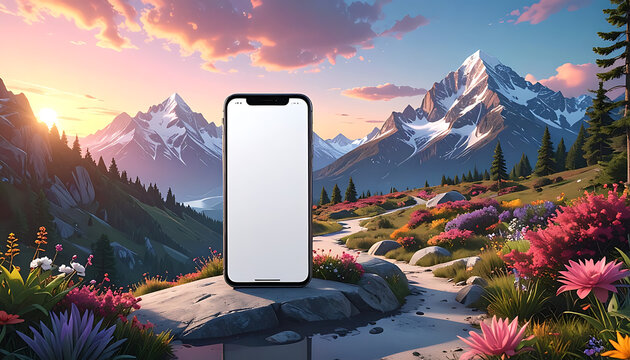 Blank smartphone screen mockup on a rock path in a vibrant mountainous landscape, digital technology and travel adventure