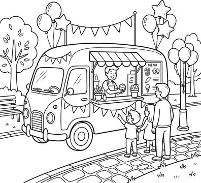 Customers buying snacks from a food truck with a menu board, cartoon style cartoon food truck outdoor setting