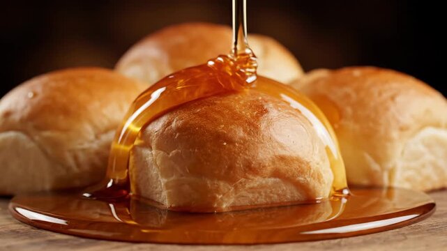 Golden honey flowing over warm dinner rolls on wood