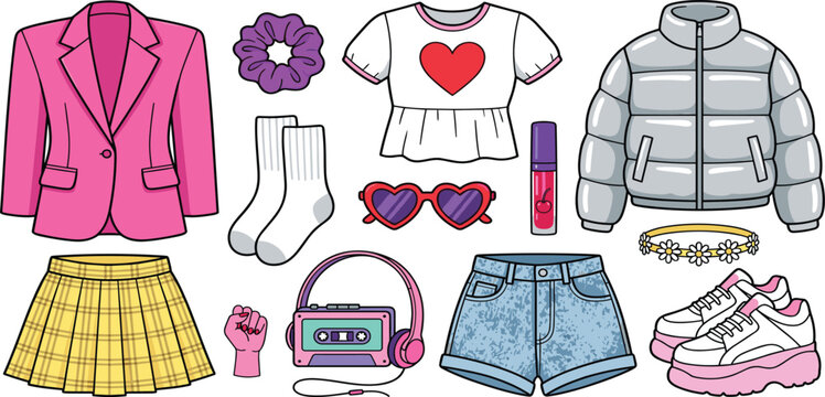 Cute 90s aesthetic clothing vector collection featuring denim shorts heart sunglasses lip gloss scrunchie and stylish casual outfits for teen girls