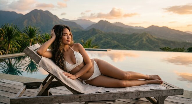 Woman relaxing on lounge chair by serene lake at sunset