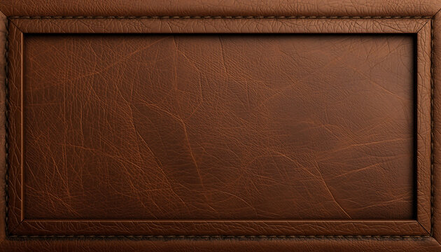 Leather frame with intricate stitching serves as a rustic border surrounding a textured brown surface designed for professional signage or high-end product presentation labels and menus.