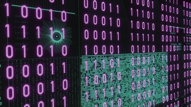 Changing pink binary code on a dark screen with digitla reflections in the background, encryption, computer language. Big data, digital code, blockchain, data processing, computer technology.