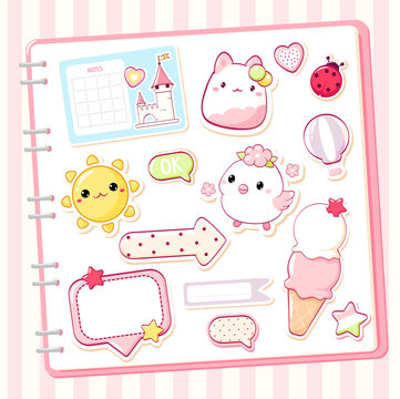 Vector Set of sticker for scrapbooking in kawaii style. Cute tag, label with cat, burd, heart, speech bubble, ice cream. Collection of cozy sticker. Can be used for t-shirt print, sticker, badge