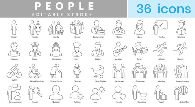 People editable stroke line icons set, isolated on transparent background, for user interface, web, and mobile application.