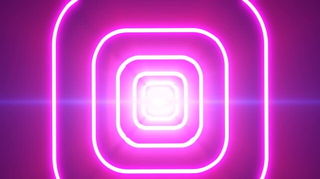 Abstract pink glowing rounded squares shrinking into a bright center, creating a vivid neon tunnel effect.