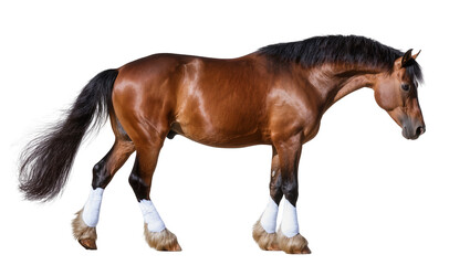 Muscular brown horse with black mane and tail white leg wraps, isolated on transparent background © Maria