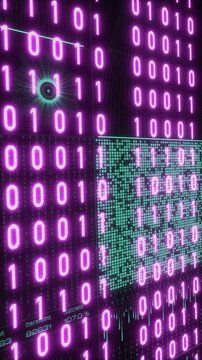 Changing pink binary code on a dark screen with digitla reflections in the background, encryption, computer language. Big data, digital code, blockchain, data processing, computer technology.