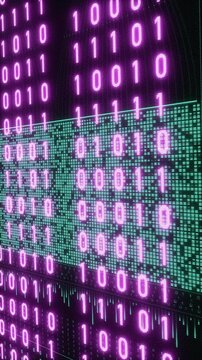 Changing pink binary code on a dark screen with digitla reflections in the background, encryption, computer language. Big data, digital code, blockchain, data processing, computer technology.