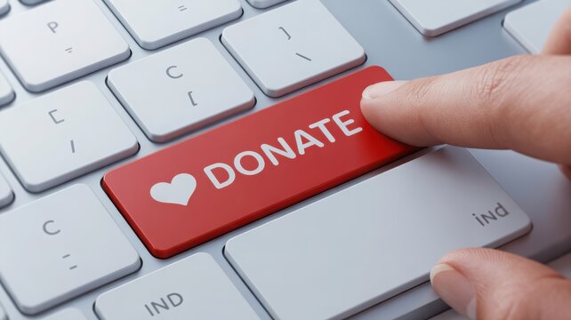 Close up of finger pressing a red donate button on a computer keyboard for online charity