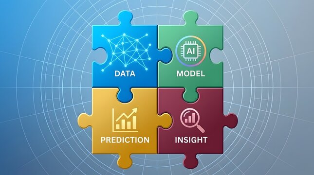 Puzzle pieces with data, model, prediction, and insight on blue background