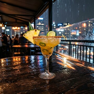  signature spicy pineapple margarita with lime juice, tequila, and muddled jalapeno. Decorated with a prominent tajin seasoning rim and an elegant pineapple wedge garnish. Standing on a glossy wet woo