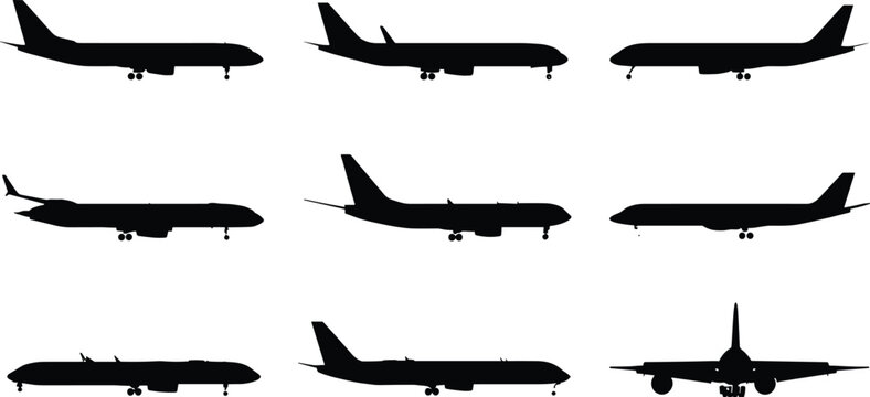Commercial Airplane Silhouette Collection with Passenger Jet Aircraft Side and Front Views