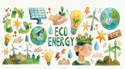 Fototapeta premium Watercolor Illustration of Sustainable Green Energy and Nature Symbols